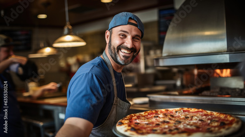 Male chef makes pizza in a restaurant.