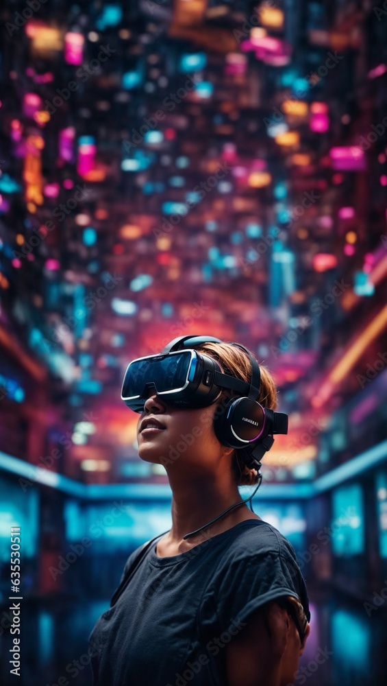 A woman immersed in a virtual reality experience wearing a headset A woman immersed in a virtual reality experience wearing a headset