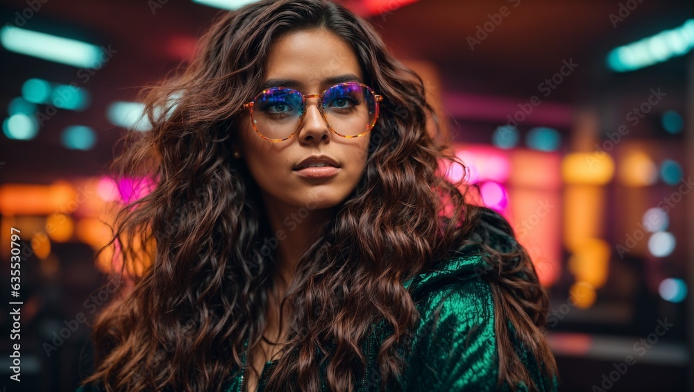 A stylish woman with curly hair and sunglasses