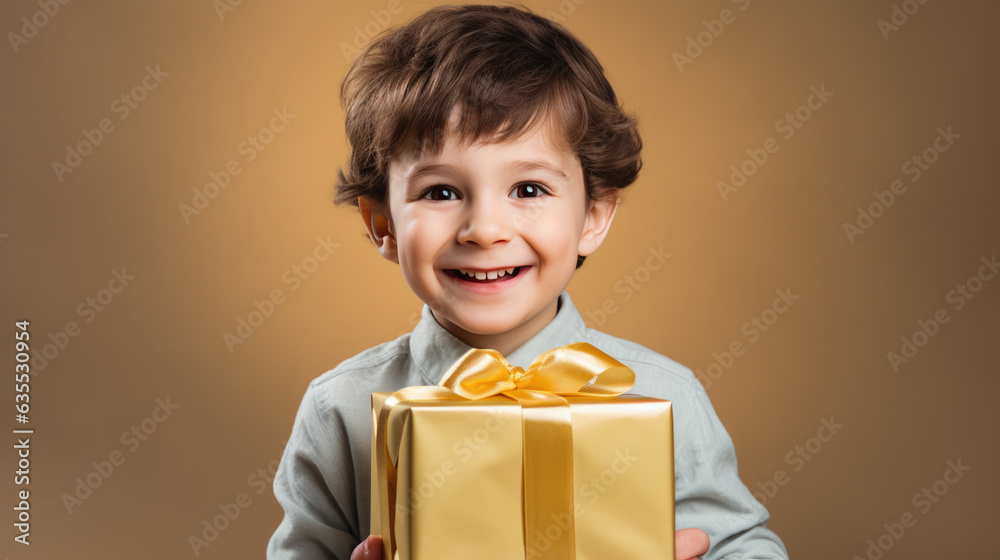 Happy smiling boy holding gift box on a colored background Happy smiling boy holding gift box on a colored background