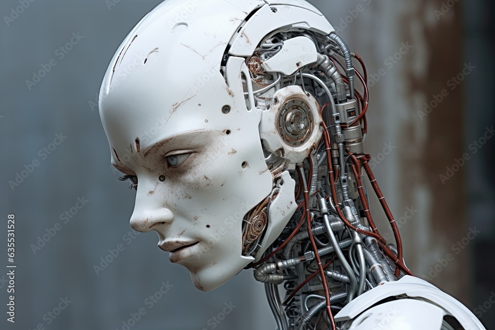 Fototapeta premium Mechanical portrait of a bionic woman with nanotech-enhanced features. Concept of advanced cyborg technology.