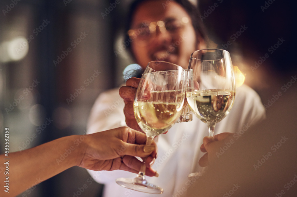 Celebration party, champagne and happy people toast for congratulations, New Year event or friendship reunion. Alcohol, night friends and group smile, celebrate and cheers with sparkling wine glass
