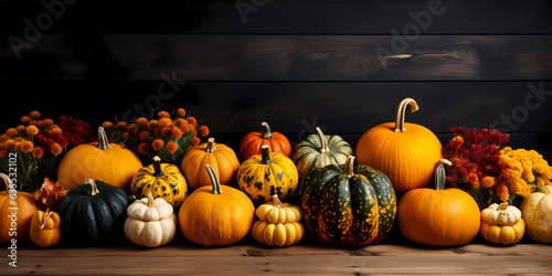 Pumpkin Medley on Wooden Floor - Autumn Season Greetings and Celebrations