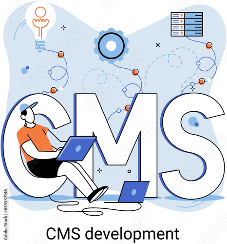 Digital content management system, CMS development software metaphor. Information system or computer program enable organize collaborative process of creating, editing and managing soft in network