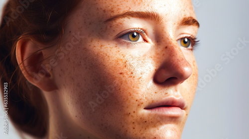 This close-up portrait of young woman with red hair,blue eyes and many freckles.
