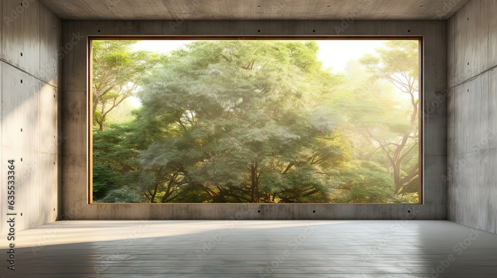 Empty Concrete Room With Big WIndow Tree Outside Empty Concrete Room With Big WIndow Tree Outside