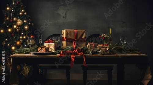 Dark colored retro vintage interior. Beautiful set table with presents and Christmas tree. photo