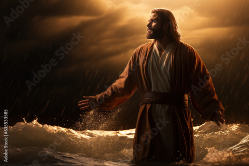 Calm Amidst Chaos: The Miraculous Rescuer - Jesus Walking Confidently on a Storm-Ravaged Sea, Reaching Out to a Sinking Boat, Surrounding All with His Divine, Comforting Glow
