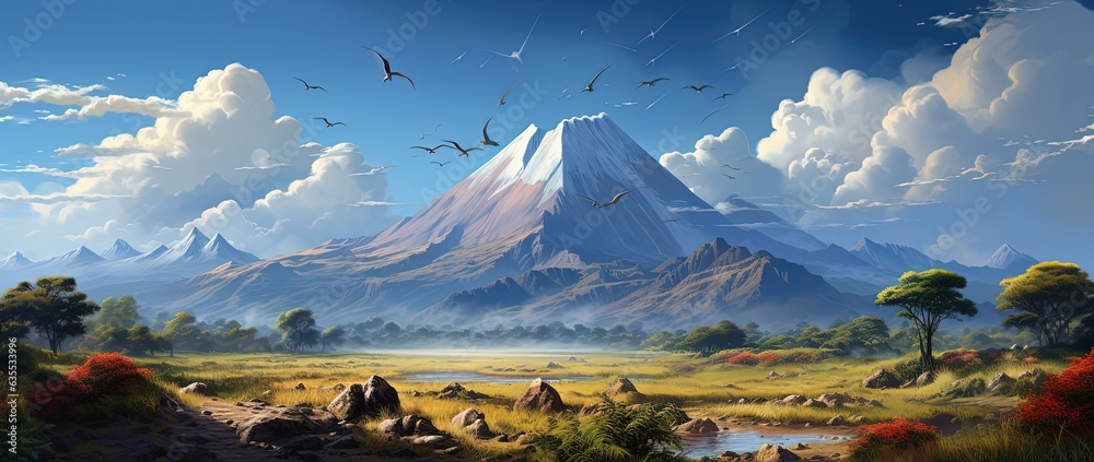 Naklejka premium realistic dinasours with mountain background
