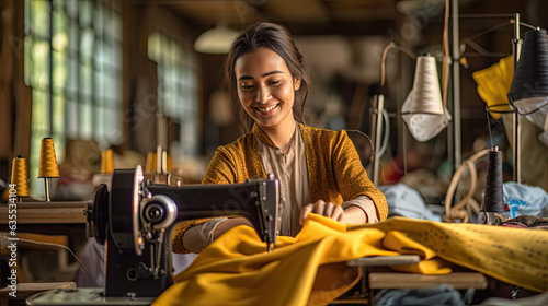 A happy female dressmaker working with sewing machine at textile factory. Generative Ai