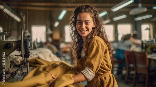 A happy young female seamstress working in textile factory and sewing fabric. Generative Ai