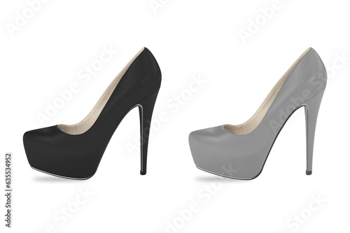 Black and grey high heel women's shoes isolated on white background. 3d rendering. women's classic high heel shoes mockup for going out or party.