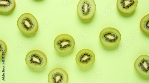 Kiwi Symphony in Green: A Captivating 3D Abstract Concerto Comprising Lively Kiwi Chunks, Slices, and Spirals on a Harmonious Green Minimalist Canvas