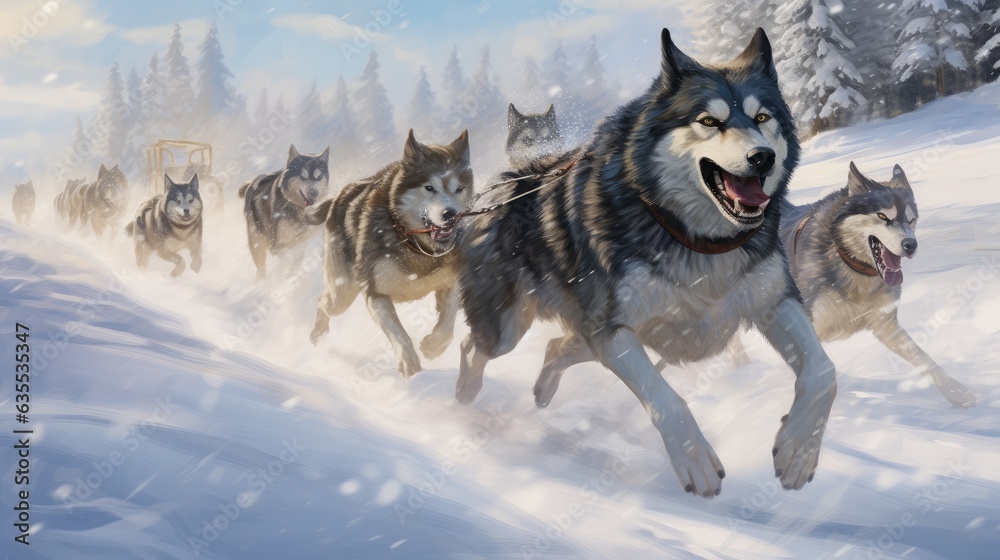 Sled dog Siberian husky is driving a sled through a winter snow-covered forest created with Generative AI technology Sled dog Siberian husky is driving a sled through a winter snow-covered forest created with Generative AI technology