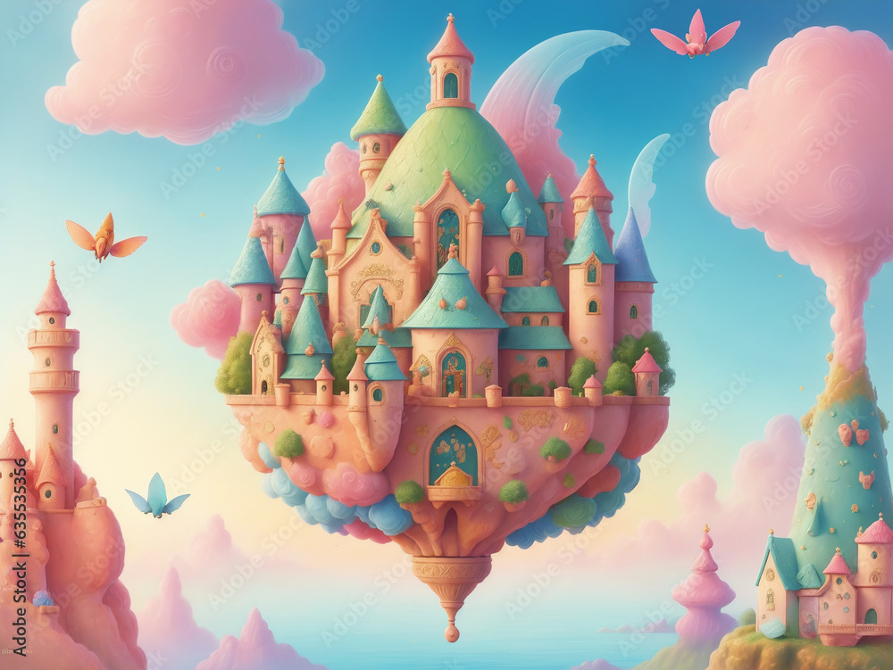 fairy tale castle floating in the sky with clouds fairy tale castle floating in the sky with clouds