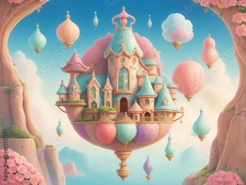 fairy tale castle floating in the sky with clouds