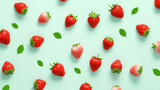 Serene Symphony of Ethereal Strawberry Elegance: A Multidimensional 3D Abstract Backdrop Embellished with Juicy Strawberry Chunks, Slices, and Hints of Light Blue Minimalism