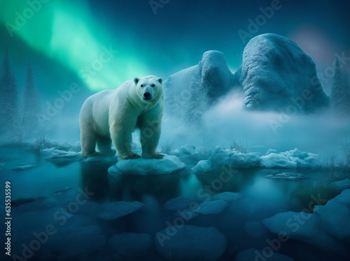 beautiful landscape with a polar bear on ice with Northern Lights