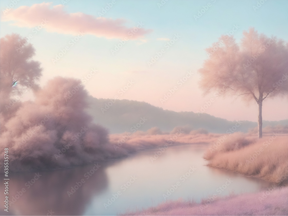 dreamy landscape oil painting with pastel colors