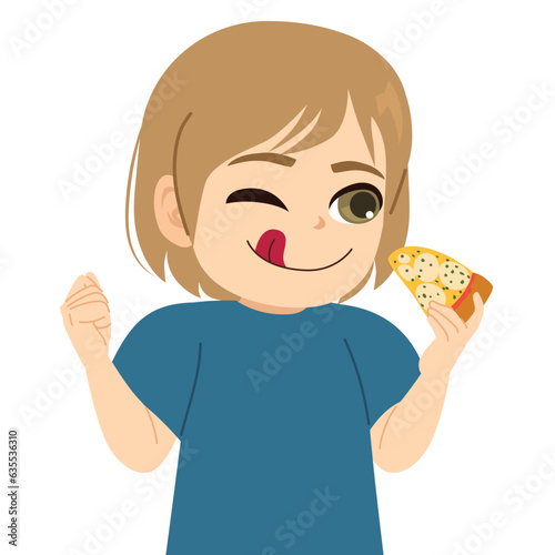 Vector illustration of little boy enjoying pizza. Hungry kid eating fast food