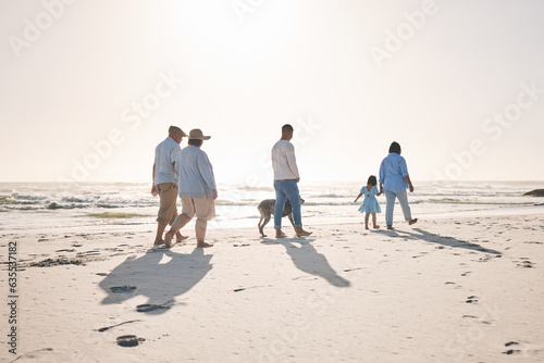 Summer, travel and walking with big family on beach for vacation, bonding and love. Freedom, care and relax with group of people on seaside holiday for generations, happiness and mockup space