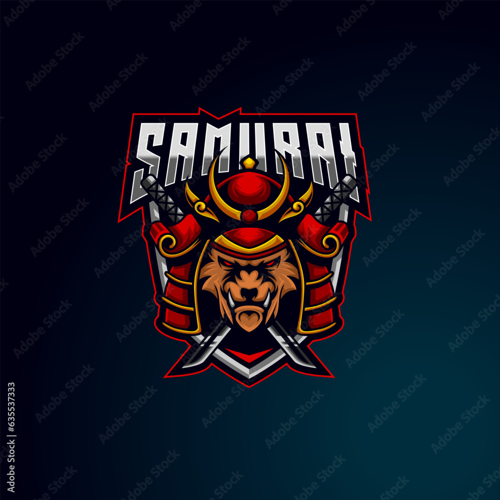 Tiger Samurai E-sport logo design template vector illustration