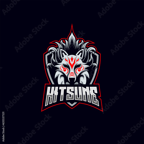 Kitsune White Fox E-sport logo design vector illustration template