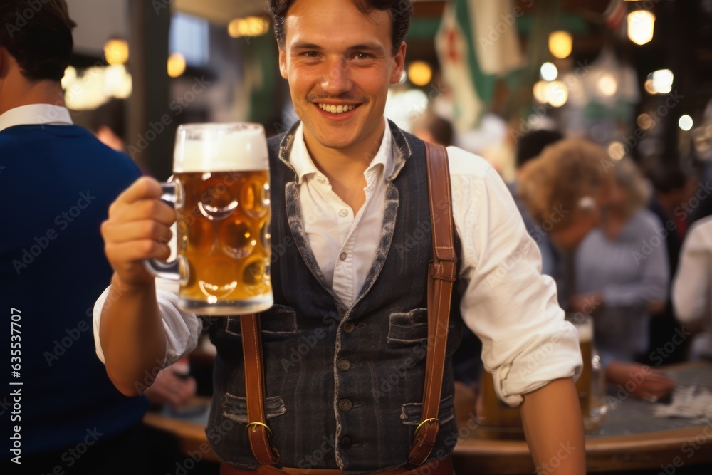Oktoberfest, Munich. Waiter serve beer, close up. Octoberfest German beer festival.