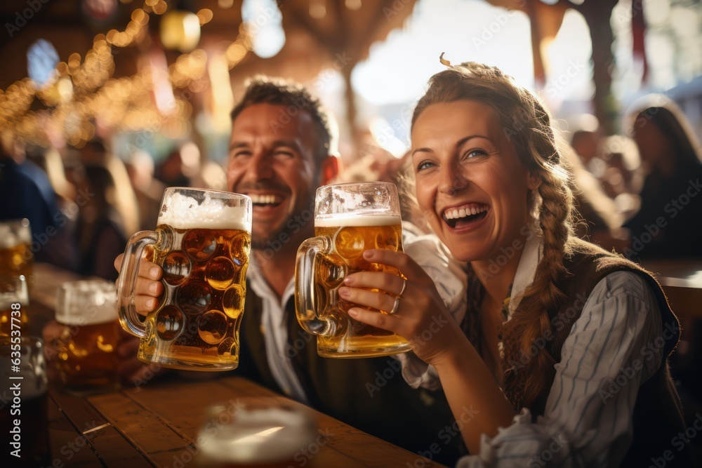 Oktoberfest, Munich. Young couple in traditional costumes drinking beer, beer festival.