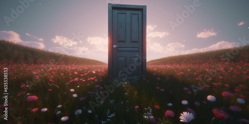 mysterious  door in the meadow illustration, ai generative  photo