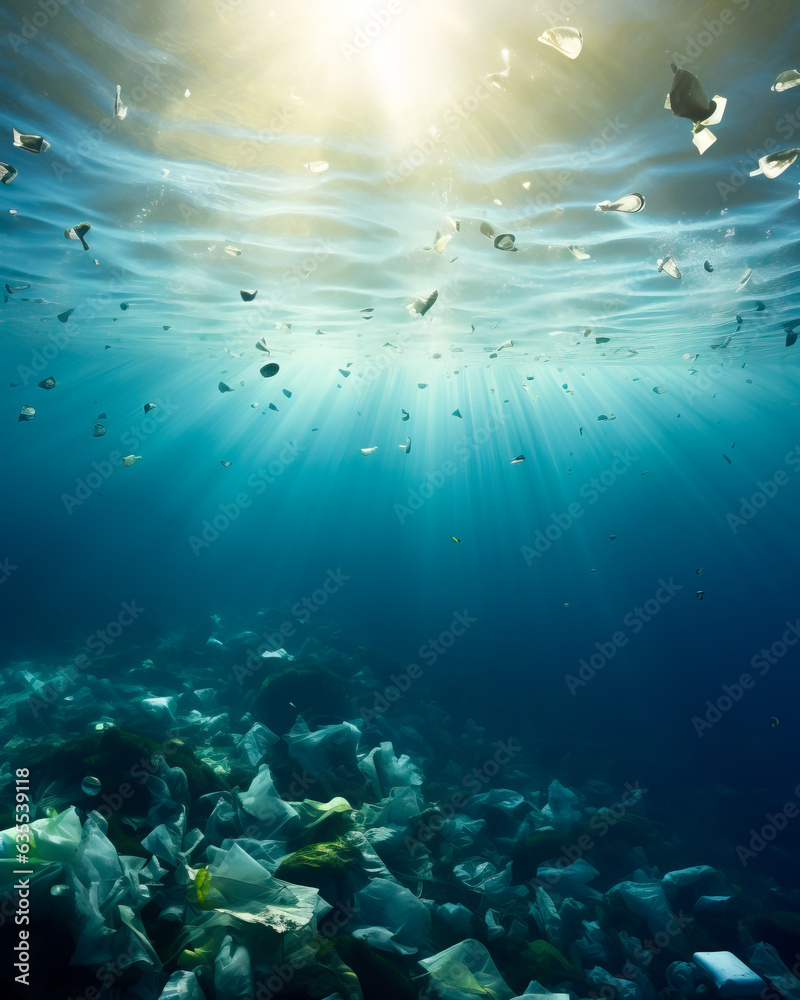 Fototapeta premium Underwater illustration of garbage like plastics and rubbish floating in the sea. Concept of pollution and environmental disaster in the worlds oceans.