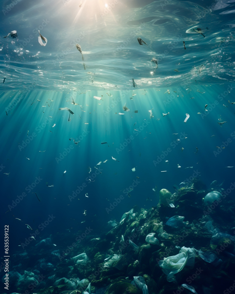 Obraz premium Underwater illustration of garbage like plastics and rubbish floating in the sea. Concept of pollution and environmental disaster in the worlds oceans.