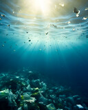 Underwater illustration of garbage like plastics and rubbish floating in the sea. Concept of pollution and environmental disaster in the worlds oceans.