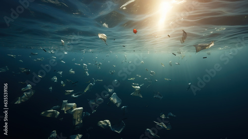 Underwater illustration of garbage like plastics and rubbish floating in the sea. Concept of pollution and environmental disaster in the worlds oceans. © henjon