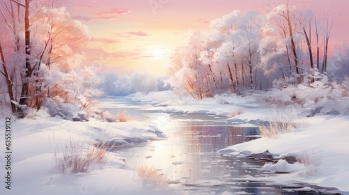Winter panorama landscape. Winterly morning of a new day. Purple winter landscape with dawn created with Generative AI technology