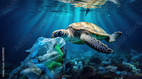 Sea turtle swimming the ocean surrounded by floating garbage and plastic bags. Concept of ocean pollution and the global environmental disaster. Shallow field of view.  