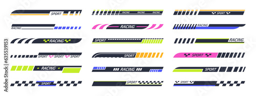 Racing sport stripes. Sports racing tuning decals, motorbike, sport car and boat stickers, vehicle tuning bars flat vector illustration collection