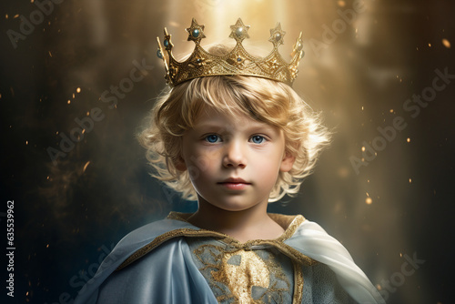 Generative AI picture small God child kid in golden crown symbolizing Jesus glory magic