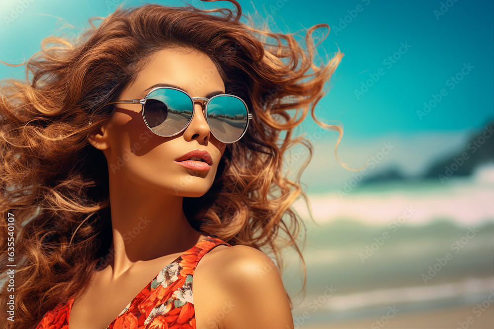 Generative ai collage image of charming lady tourist enjoying fun on summertime seashore Generative ai collage image of charming lady tourist enjoying fun on summertime seashore