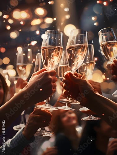 Hand holding glass of champagne, people cheering, cheers, spending a moment together with friends, party, happy moment, nightclub, restaurant, cheering, family, sparkling wine, luxury,