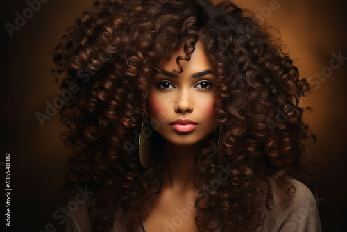 Generative AI illustration of attractive afro american model woman demonstrating hairdress dyed hair style volume chevelure