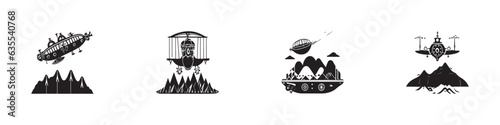 Steampunk airship floating over mountains icon Monochrome icon, white background, minimal design. Vector Illustration.