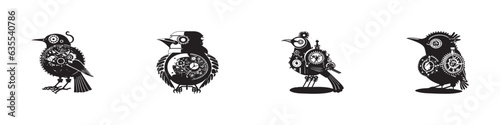 Steampunk clockwork bird illustration Monochrome icon, white background, minimal design.