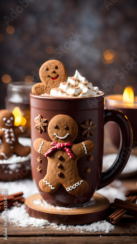 Hot chocolate or cocoa beverage with cinnamon and gingerbread man cookie in Snowon vintage wooden table background, Generative AI