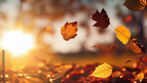 Autumn Background with Colorful Orange Leaves and Branches, Falling to the Ground, Template with Space for Copy