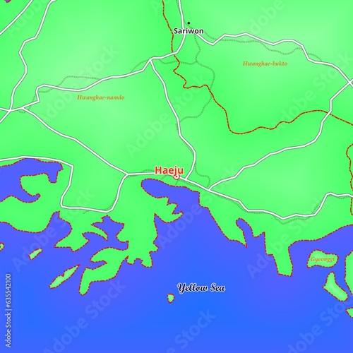  Illustrated Map of Haeju City in North Korea in green photo