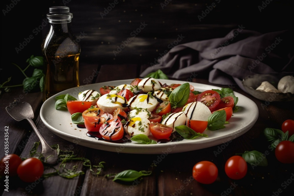 Salad of tomato, mozzarella, and basil with olive oil and balsamic vinegar. Generative AI