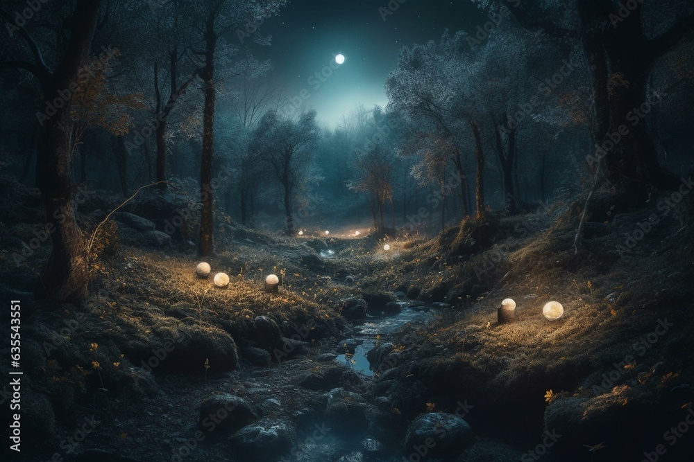 An alluring and magical midnight woodland painted digitally as mesmerizing artwork suitable for wallpaper or background use. Generative AI - obrazy, fototapety, plakaty 