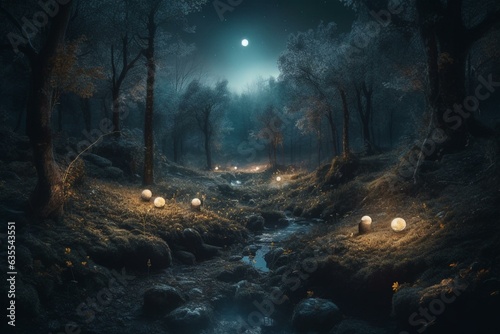An alluring and magical midnight woodland painted digitally as mesmerizing artwork suitable for wallpaper or background use. Generative AI