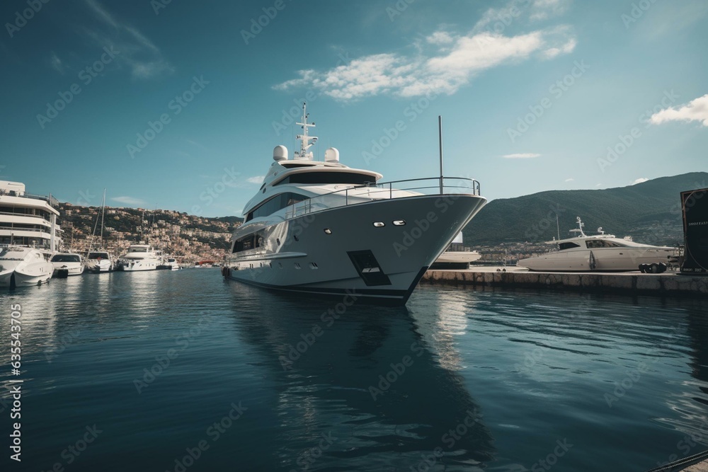 A luxurious yacht docked in a marina amidst the deep blue sea. Generative AI